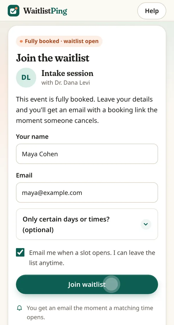 Phone showing the WaitlistPing waitlist page for "Intake session with Dr. Dana Levi", with name and email filled in and the Join waitlist button.